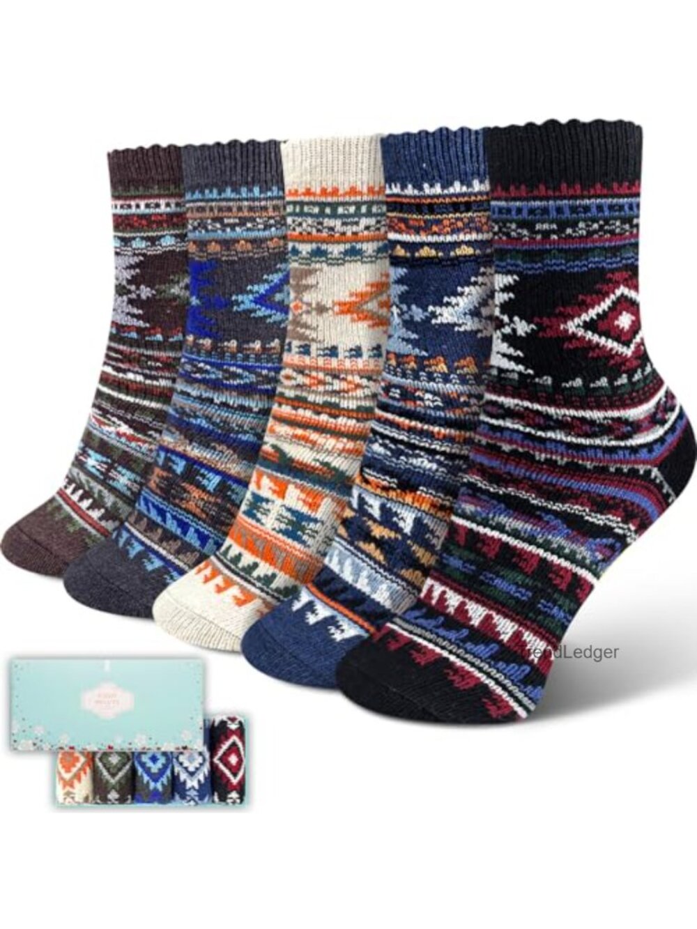 Wool Blend Vintage Knit Thick Crew Socks 5 Pairs Gift Set Warm Winter